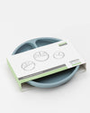 Blue children's plate with packaging on a white background