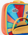 Colorful children's lunch bag with a sun and cloud design on a white background