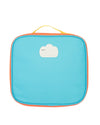 Blue square-shaped bag with orange trim on a white background