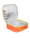 Orange lunch box with reflective interior on a white background