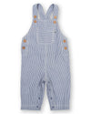 Blue and white striped overalls with button details on a white background