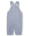 Blue and white striped overalls on a white background