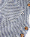 Close-up of a blue and white striped shirt with wooden buttons on a white background