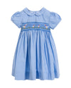Blue checkered dress with smocked neckline on a white background
