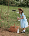 Young girl in a blue dress and straw hat standing next to a picnic basket and milk bottles in a field with a swing and cow in the background.