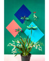 Colorful geometric shapes with dragonflies and a potted plant on a green background