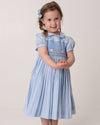 Young girl wearing a blue checkered dress with a white background