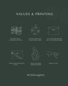 Illustrations and text about product values and printing on a dark green background