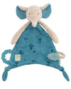 Blue elephant plush toy with rattle on a white background