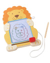 Toy lion with a drawing board and needle on a white background