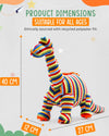 Colorful striped dinosaur toy with product dimensions on a light gray background