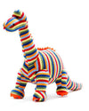 Colorful striped dinosaur toy on a white background