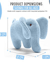 Knitted blue elephant toy with dimensions and material information on a white background