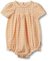 Short-Sleeved Romper with Orange Check in Soft Woven Organic Cotton- Wheat