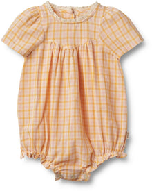  Short-Sleeved Romper with Orange Check in Soft Woven Organic Cotton- Wheat
