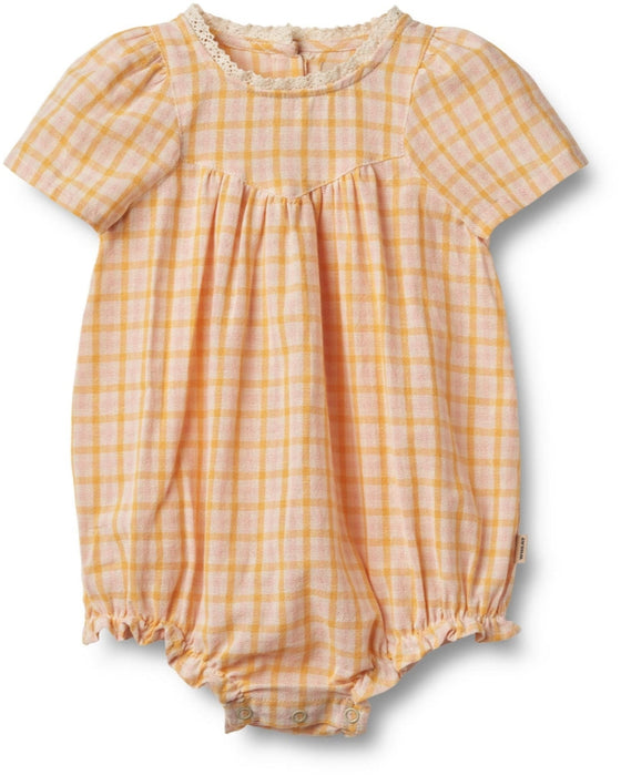 Short-Sleeved Romper with Orange Check in Soft Woven Organic Cotton- Wheat