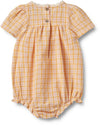 Short-Sleeved Romper with Orange Check in Soft Woven Organic Cotton- Wheat