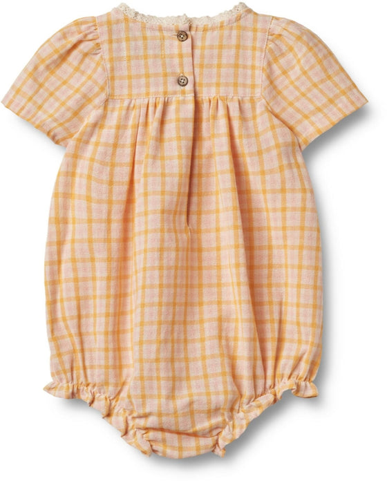 Short-Sleeved Romper with Orange Check in Soft Woven Organic Cotton- Wheat