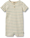 Striped baby romper with buttons on a white background
