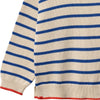 Close-up of a striped sweater with blue and red details on a white background