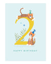 Birthday card with a tiger and number 2 design on a light blue background