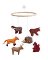 Woodland animal mobile with hanging ring on a white background
