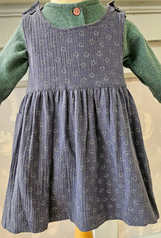 Ruth Lednik Reversible Pinafore Dress- Blue Daisy Cord/Thunder Cotton