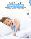 Child sleeping with a blue rattle, surrounded by safety and sustainability text.