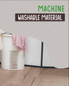 Woman sitting on the floor next to a washing machine with text 'MACHINE WASHABLE MATERIAL'.