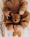 Child wearing a brown outfit holding a teddy bear on a soft background