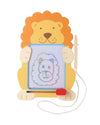 Toy lion with a woven picture frame on a white background