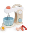 Wooden toy mixer with a bowl, whisk, and measuring spoons on a white background