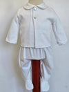 A white baby outfit set consisting of a long-sleeve button-front cardigan with a Peter Pan collar and matching footed pants, displayed on a mannequin torso.
