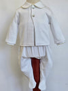A white baby outfit set consisting of a long-sleeve button-front cardigan with a Peter Pan collar and matching footed pants, displayed on a mannequin torso against a plain light background.