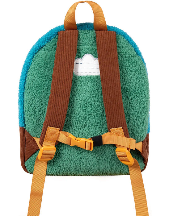 Backpack with green fleece backrest and brown straps on a white background