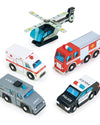 Set of toy emergency vehicles including a helicopter, ambulance, fire truck, SWAT vehicle, and police car on a white background.