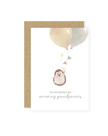  Card with a hedgehog illustration and text 'You are going to be amazing grandparents' on a white background.