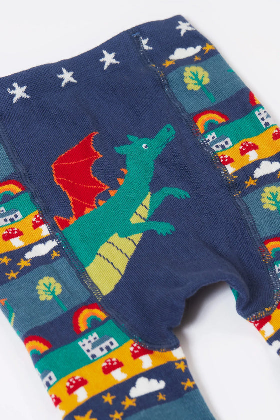Colorful children's leggings with dragon design on a white background