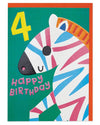 Colorful birthday card with a zebra design and 'Happy Birthday' text, featuring the number 4.