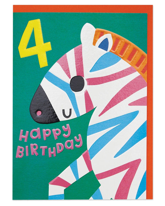 Colorful birthday card with a zebra design and 'Happy Birthday' text, featuring the number 4.