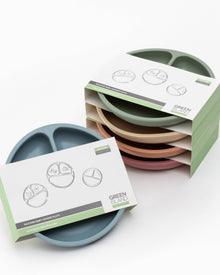  Set of divided plates with packaging on a white background