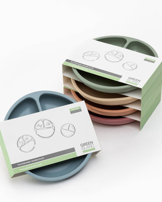 Set of divided plates with packaging on a white background