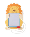Toy lion with a magnetic board on a white background