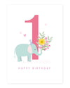 Birthday card with a elephant and number one design on a white background