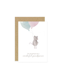  A greeting card with a watercolor illustration of a mouse holding a balloon, with text that reads 'You're going to be a wonderful grandparent'.