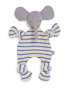 Knitted elephant toy with blue and white stripes on a white background