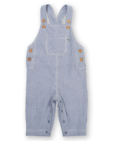  Blue and white striped overalls with button details on a white background