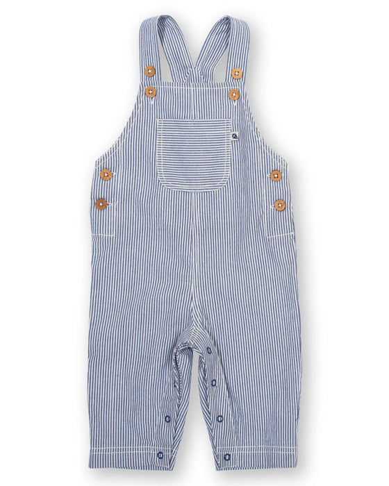 Blue and white striped overalls with button details on a white background