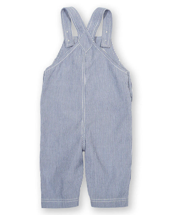 Blue and white striped overalls on a white background