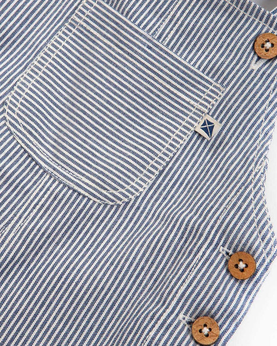 Close-up of a blue and white striped shirt with wooden buttons on a white background